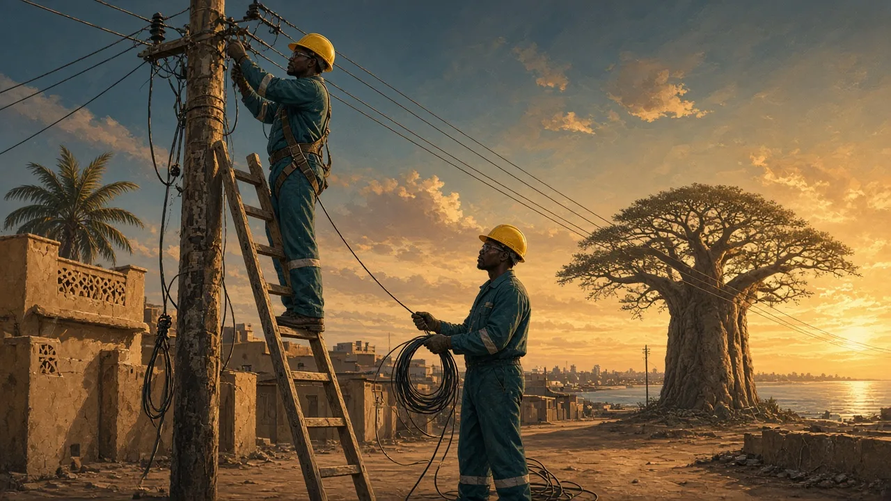 Électriciens sénégalais sur un chantier d’électrification à Dakar